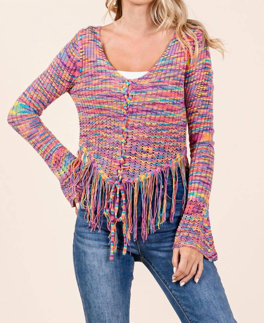 Fate - Marled Yarn Lace Up Front Fringe Hem Sweater