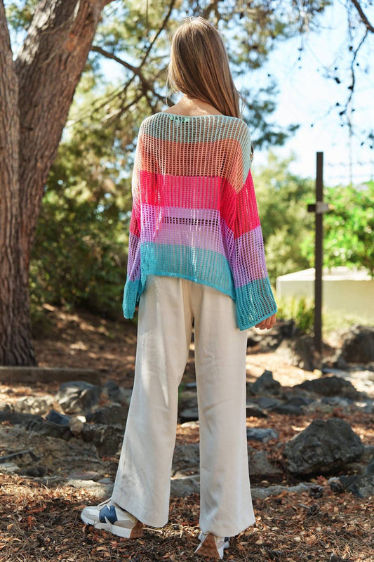 Davi & Dani - Crochet Color Block Striped Pullover