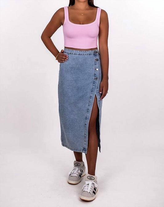 Mable - Crossover Waist Denim Midi Skirt