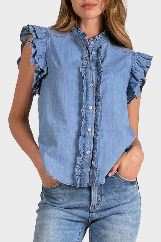 Elan - Chambray Flutter Sleeve Top