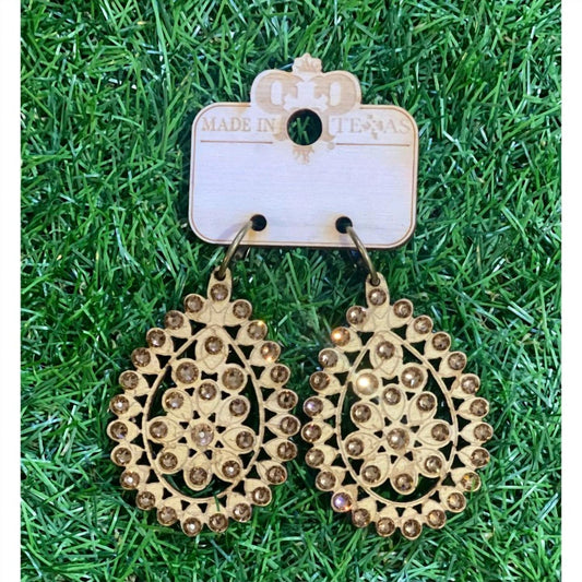 Pink Panache - Women's Gold Laser Cut Santa Fe Crystal Teardrop Earrings