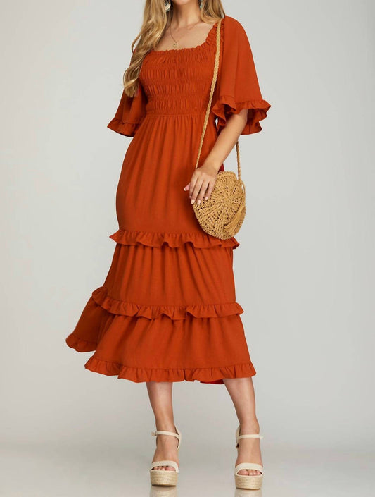 She + Sky - Bell Sleeve Square Neck Smocked Tiered Midi Dress
