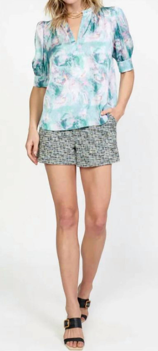 Current Air - Abstract Printed Short Sleeve Ruffled Split Neck Blouse