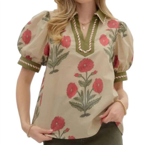 Entro - Floral Print Bubble Sleeve Top