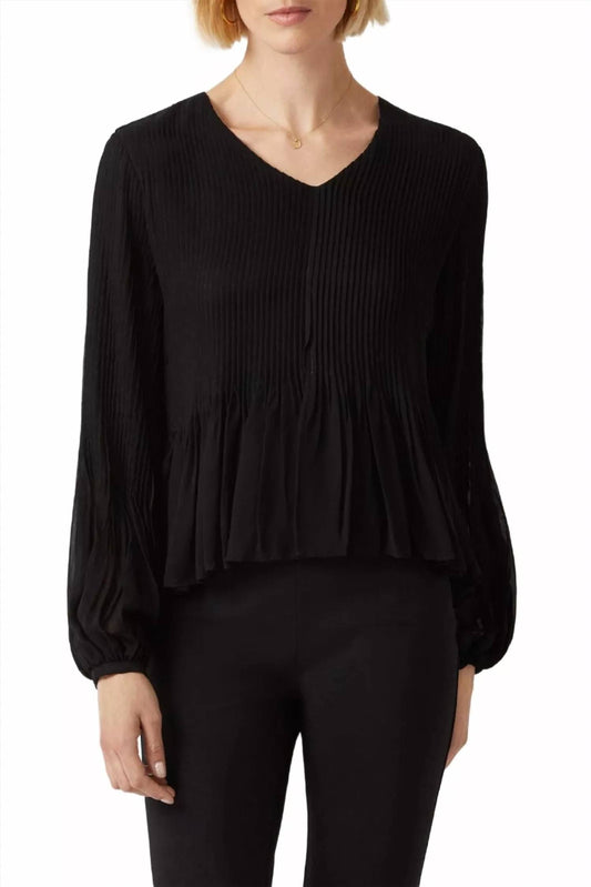 Ecru - V-neck Long Sleeve Ruched Chiffon Top