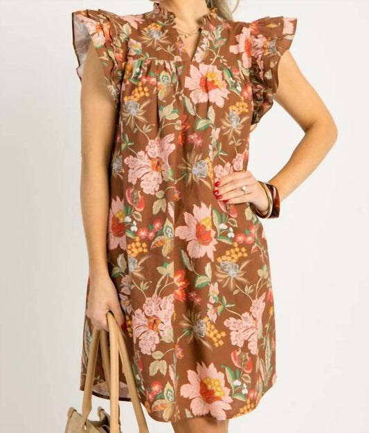 Gigio - Floral Split Neck Mini Dress With Ruffle