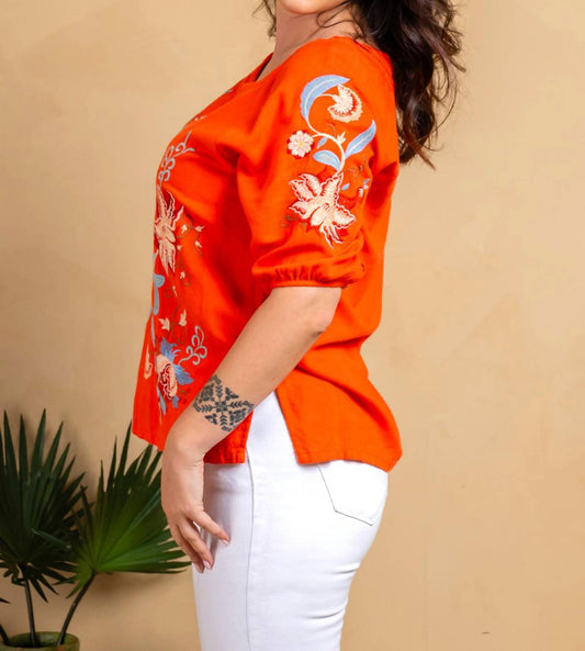 Paparazzi - Embroidered Linen Half Sleeve Peasant Top