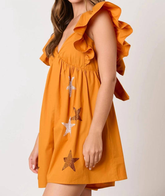 Peach Love - Sequin Stars Rhinestone Ruffle Sleeve Romper