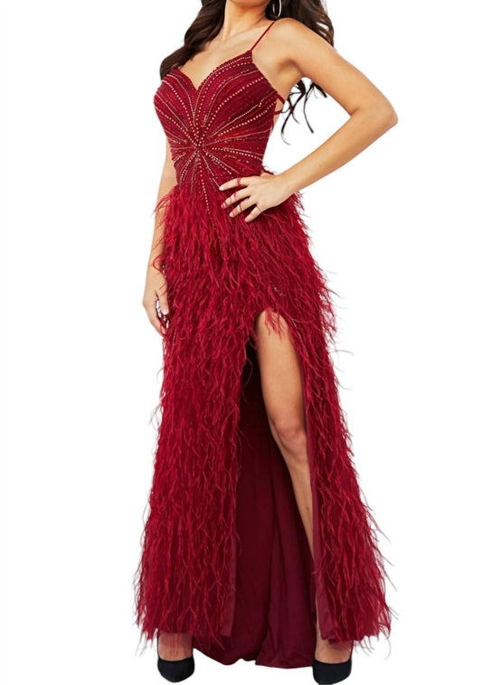 Jovani - SLEEVELESS BEADED BODICE FEATHER SKIRT DRESS