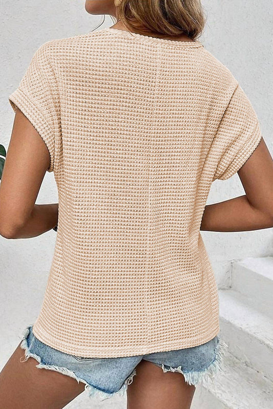 Shewin - Hollow Patchwork Waffle Knit Top
