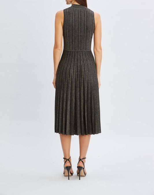 Tahari - Metallic Mock-neck Pleated Fit & Flare Dress