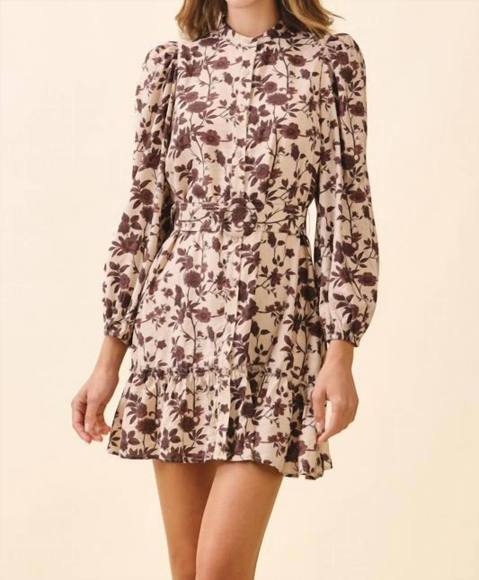 Tcec - Long Sleeve Floral High Neck Belted Dress