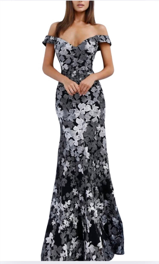 Jovani - Two Tone Embroidered Off-Shoulder Gown