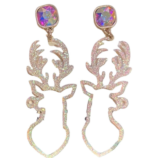 Pink Panache - Women's Glitter Reindeer Drop Earrings
