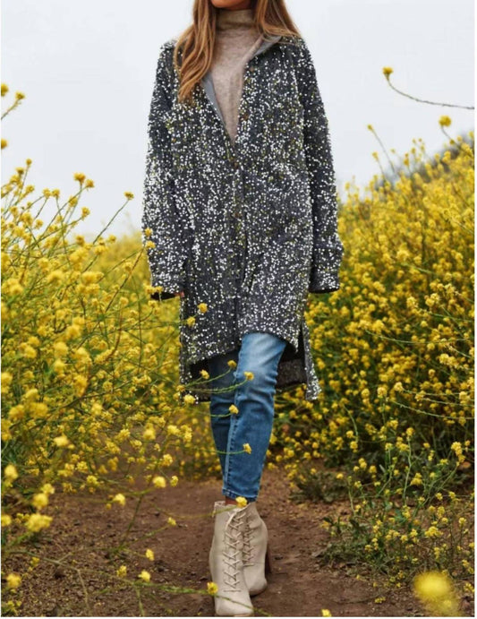 Davi & Dani - Sequins And Velvet Button Down Shirt Dress