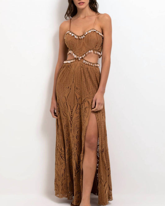 BEADED SEASHELL CUT-OUT MAXI DRESS
