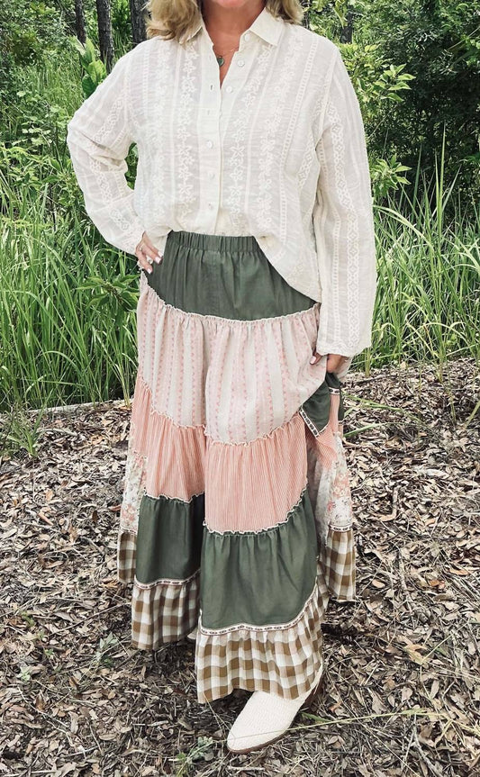 Easel - Patchwork Tiered Ruffle Maxi Skirt