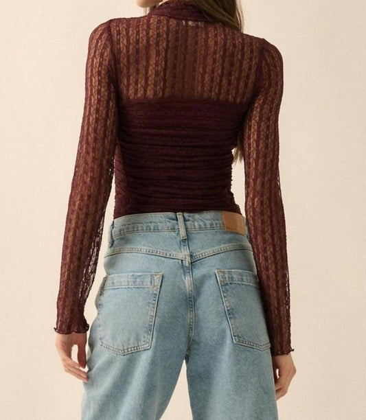 Promesa - Striped Floral Lace Ruched Mock-Neck Bodysuit