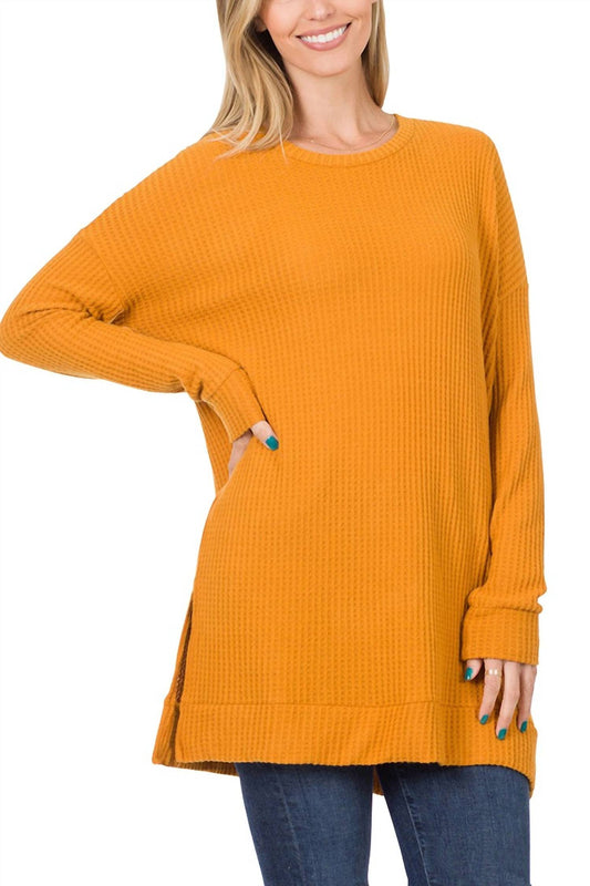 Zenana - Women's Brushed Thermal Waffle Round Neck Sweater