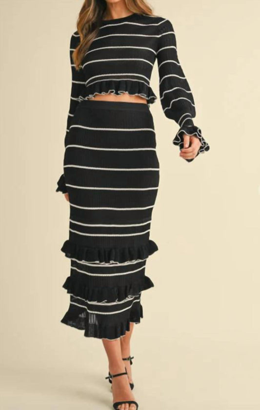 Mable - Stripe Ruffle Knit Crop Top & Midi Knit Skirt
