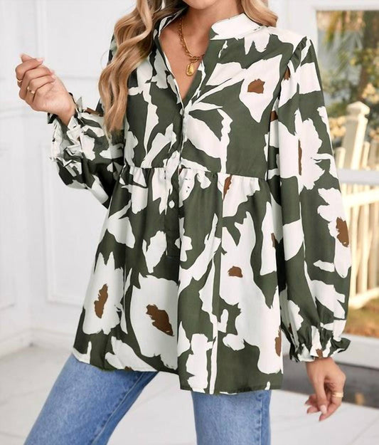Shewin - Flower Frill Neck Loose Blouse