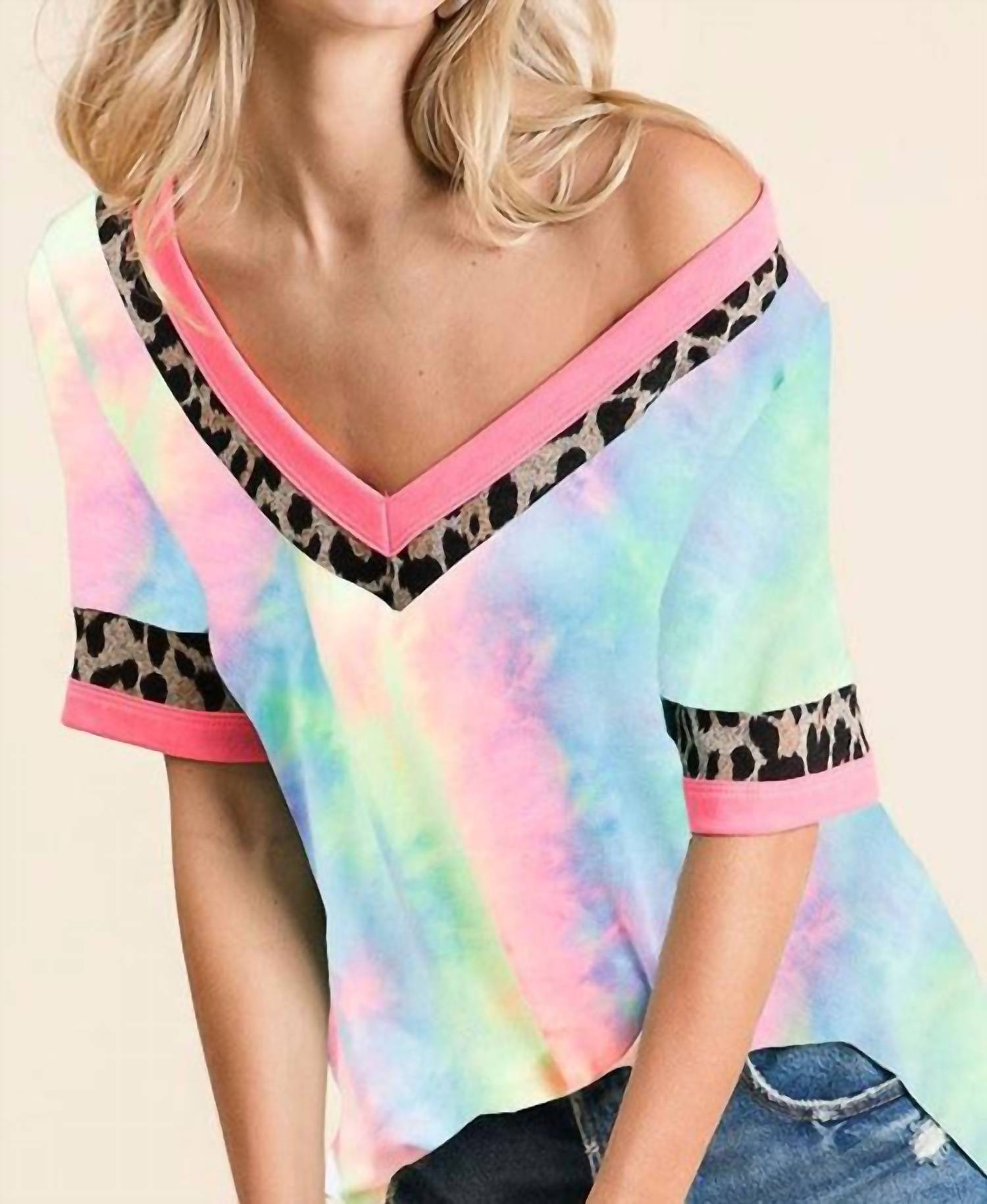 BiBi Tie Dye Terry Top with Leopard Puff Sleeves