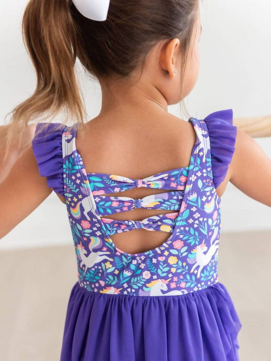 Rufflebutts - Girls Unicorn Meadow Flutter Sleeve Dance And Gymnastics Leotard