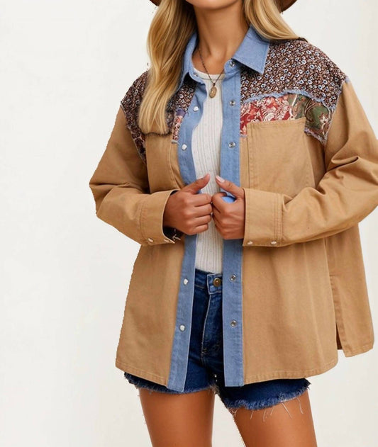 Knit & Lounge - Patchwork Button-up Jacket With Floral Accents