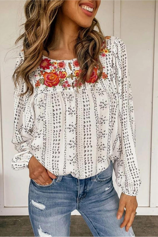 Lovesoft - Long Sleeve Embroidered Print Blouse