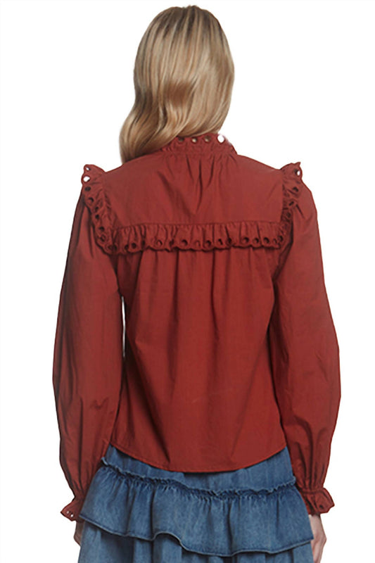 Stellah - Eyelet Ruffle Trim Button Down Top