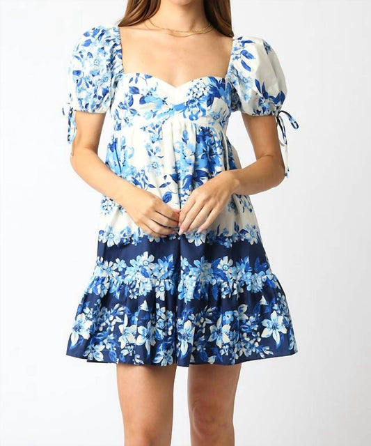 Olivaceous - Floral Border Print Babydoll Dress
