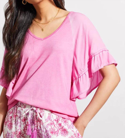 Tribal - Raglan Pop Over V Neck Double Frill Short Sleeve Top