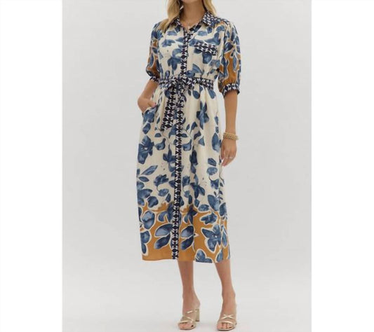 Entro - Botanical Print Three Quarter Sleeve Midi Shirt Dress