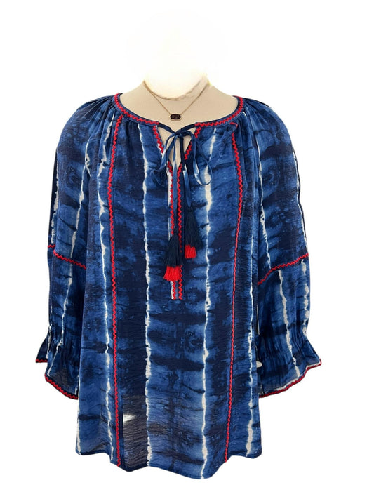 Multiples - Women's Tye Die Embroidered Peasant Top