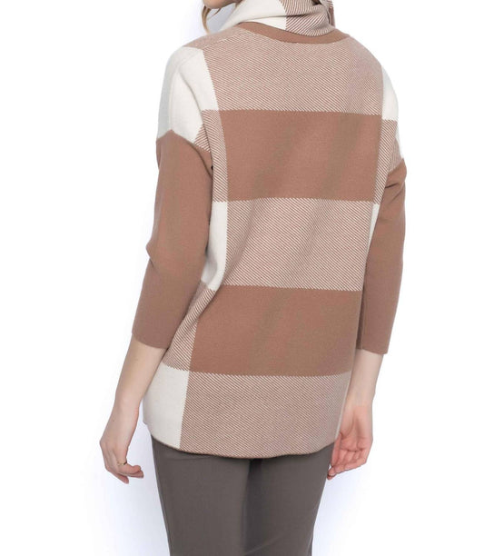 Picadilly - V-Neck Plaid Sweater with Scarf