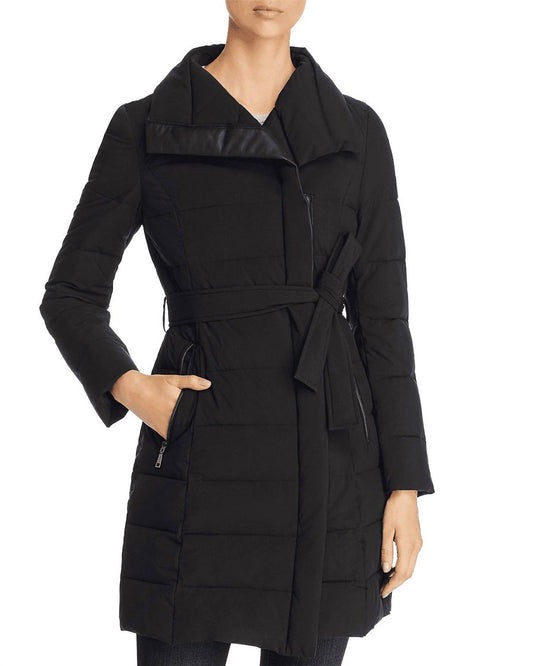 ASYMMETRICAL BELTED STAND COLLAR PUFFER COAT