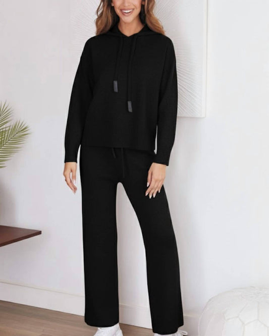 Venti6 - Knit Hooded Sweater And Drawstring Wide Leg Pants