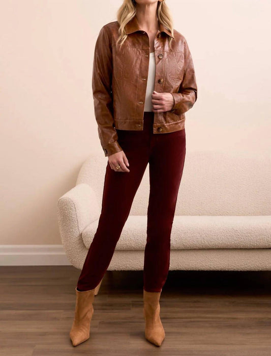 Tribal - Faux Leather Button-front Collar-accent Jacket