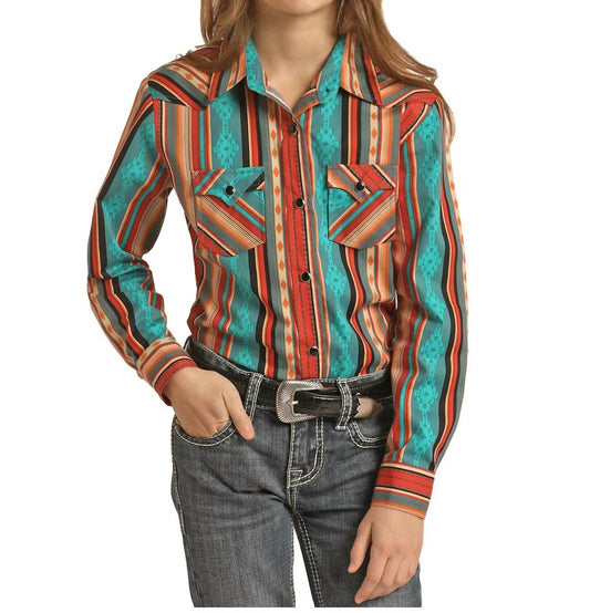 Rock & Roll Cowgirl - Girls Geo Stripe Western Snap Shirt