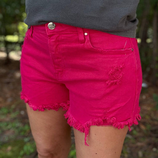 Risen - Rebecca Mid Rise Fuchsia Denim Shorts