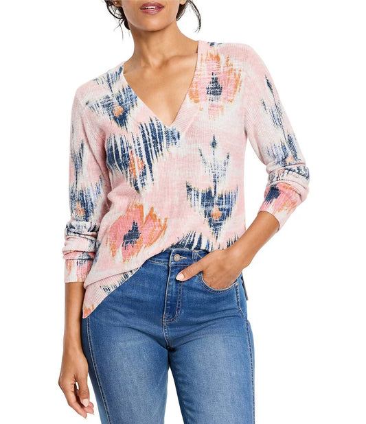 Nic + Zoe - ABSTRACT FLORAL WAFFLE STITCH V-NECK SWEATER