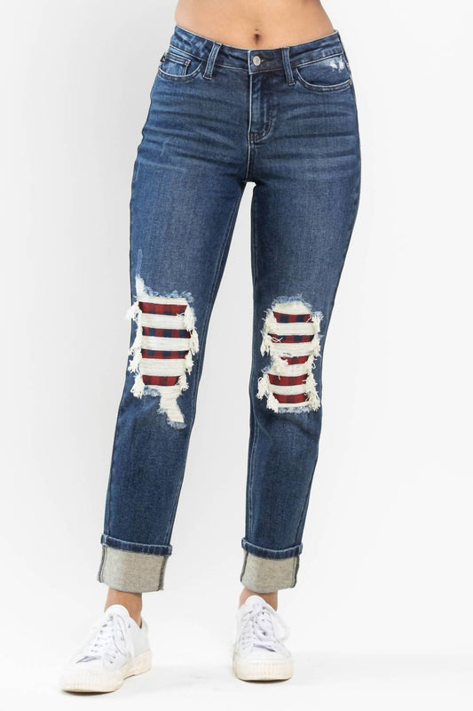 Judy Blue - “charlotte” Midrise Buffalo Plaid Patch Destroyed Boyfriend Jeans