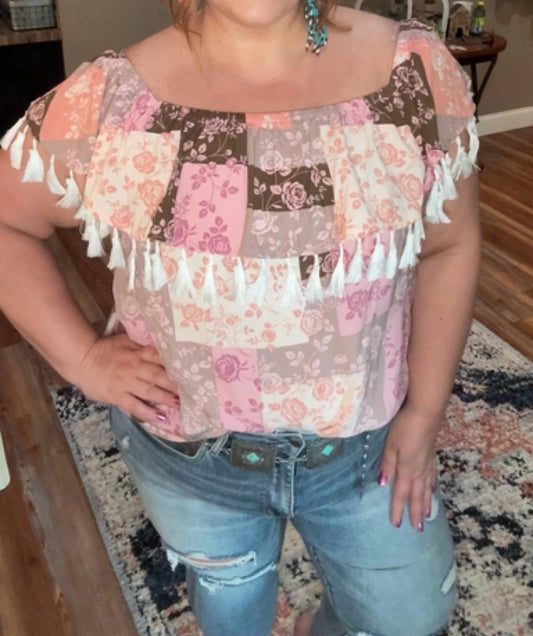 Andree By Unit - Off the Shoulder Patchwork Print Tassel Top