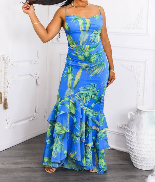 Surelymine - Bold Leaf Print Maxi Dress With Ruffle Hem