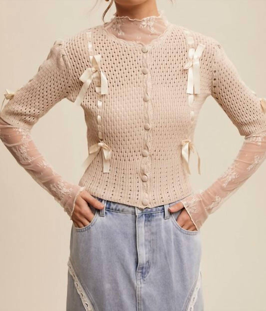 Listicle - Pastel Knit Cardigan With Satin Bow Details