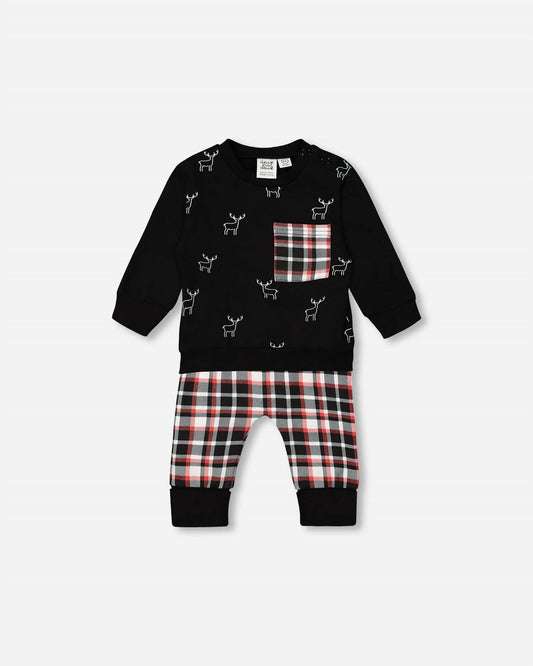 Deux Par Deux - Deer Fleece Top & Plaid Pant Set