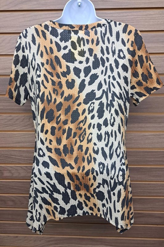 Hopely - Women's Leopard Short Sleeve Shark Bite Hem