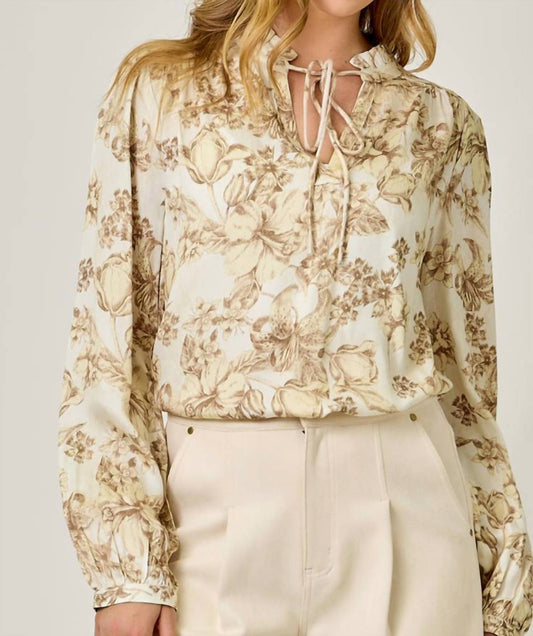 Mystree - Floral Peasant V-neck With Tie Blouse