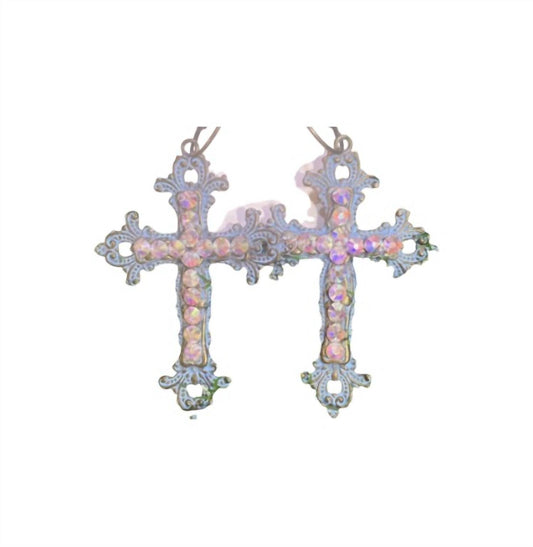 A Rare Bird - Women's Patina Scroll Cross Earrings With Iridescent Crystals