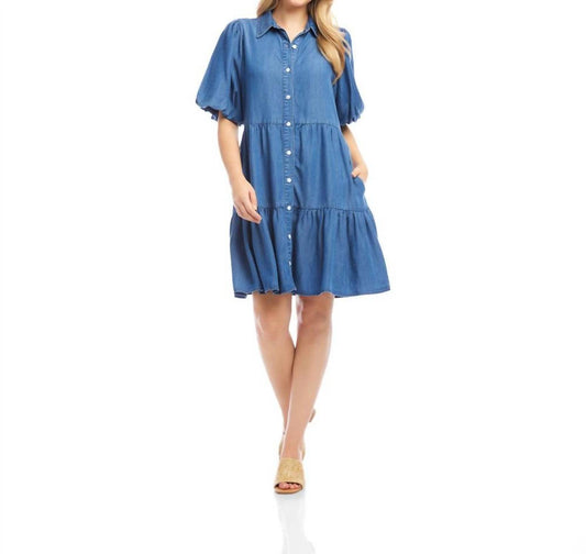 Karen Kane - Puff Sleeve Tiered Shirtdress - Petite
